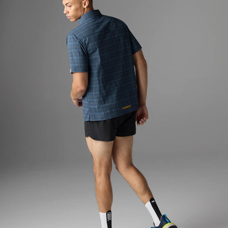 Back on-model view of rabbit High Country SS Men's shirt in dress blue plaid colour