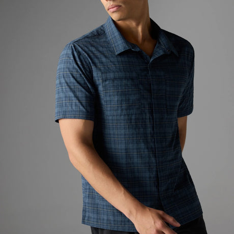 Front on-model view of rabbit High Country SS Men's shirt in dress blue plaid colour