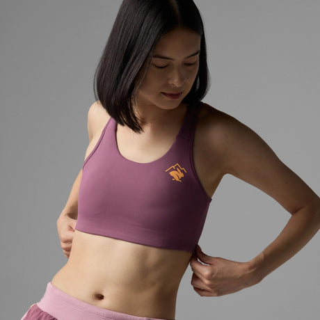 Front on-model view of Rabbit's hydration trail bra women's in hawthorn rose colour