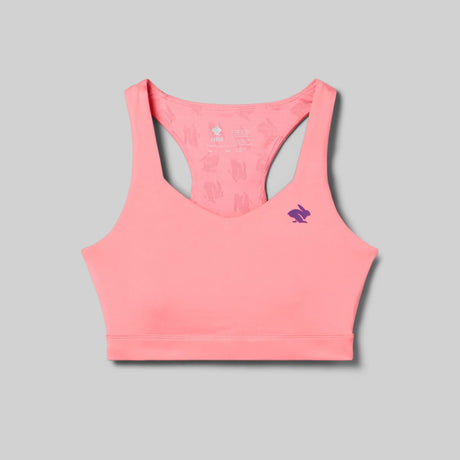 Front view of rabbit's strappy pocket bra in strawberry pink colour