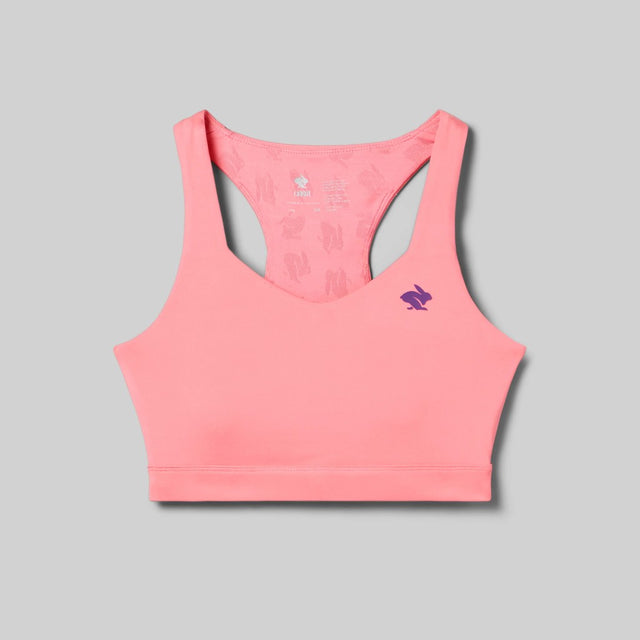 Front view of rabbit's strappy pocket bra in strawberry pink colour