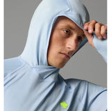 Hood on-model detail view of rabbit UPF Deflector 2.0 Pullover Men's hoody in skyway colour