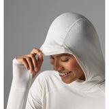 Hood detail view of women's rabbit UPF Deflector 2.0 pullover in snow white colour