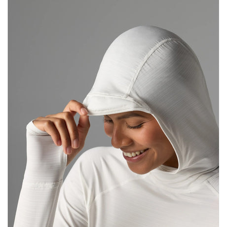 Hood detail view of women's rabbit UPF Deflector 2.0 pullover in snow white colour