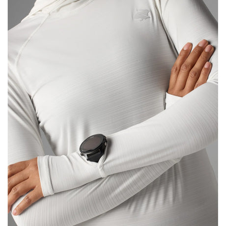 Sleeve detail view of women's rabbit UPF Deflector 2.0 pullover in snow white colour