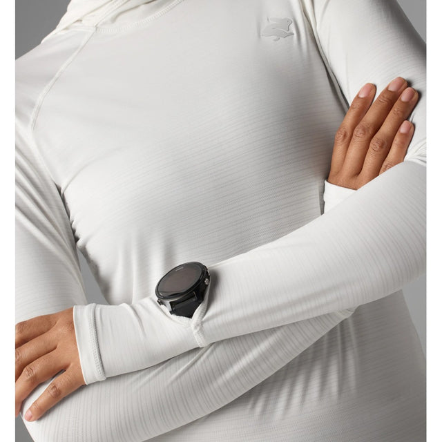 Sleeve detail view of women's rabbit UPF Deflector 2.0 pullover in snow white colour