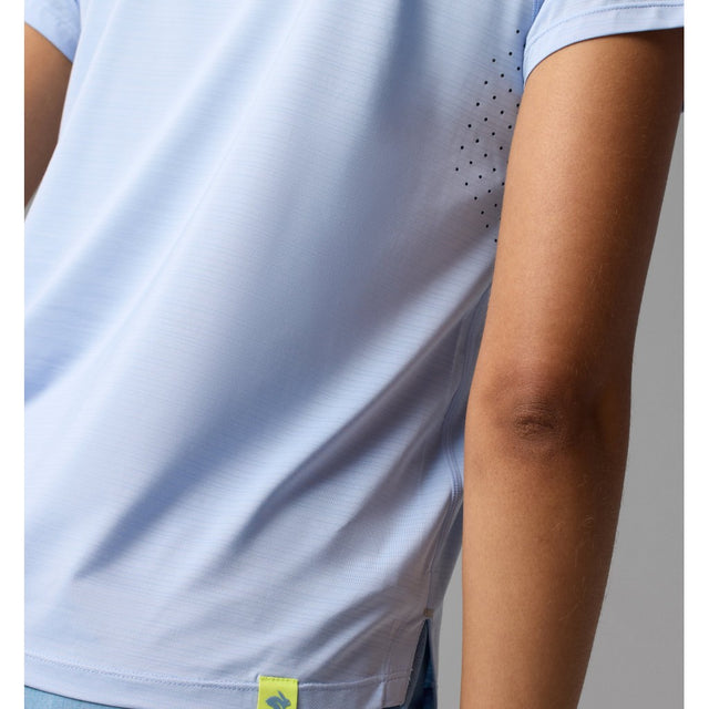 Perforation detail view on-model of rabbit UPF Tee SS women's in skyway colour