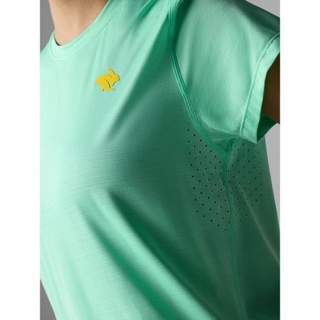 Perforation detail view on-model of rabbit UPF Tee SS women's in opal colour