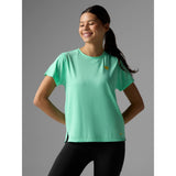 Front view on-model of rabbit UPF Tee SS women's in opal colour