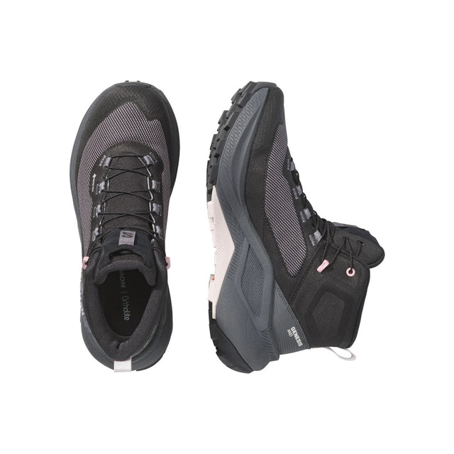Top and side view of Salomon Genesis Mid GTX Women's hiking boots in Black / Dawn Pink / Lilac Ash
