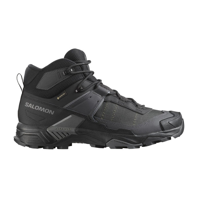 Side view of Salomon X Ultra 5 Mid GTX Men's hiking boots in Black / Asphalt / Castlerock colour