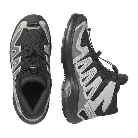 Top and side view of Salomon XA Pro Mid WP Kid's in Black/Sedona Sage/Wrought Iron colour