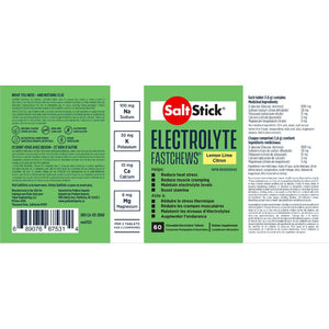 SaltStick electrolyte chewable tablets in Lemon Lime flavour label