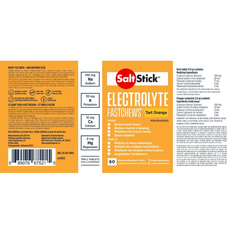 SaltStick electrolyte chewable tablets in Tart Orange flavour label