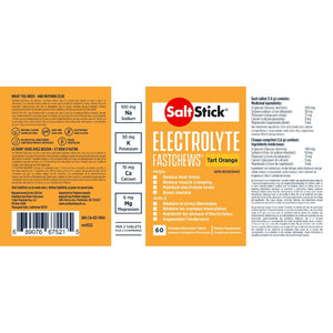 SaltStick electrolyte chewable tablets in Tart Orange flavour label