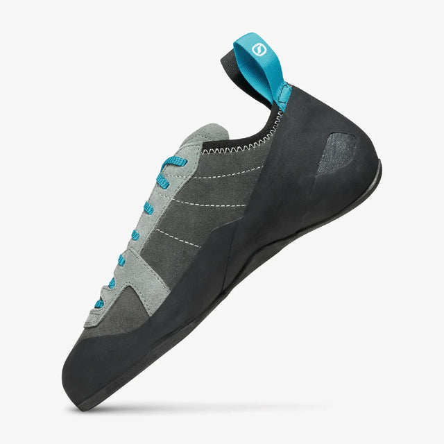 Side view of Scarpa's Helix men's climbing shoe in shark mid grey colour