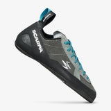 Side view of Scarpa's Helix men's climbing shoe in shark mid grey colour