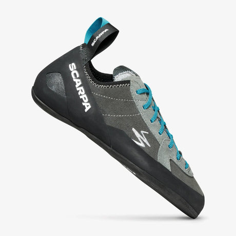 Side view of Scarpa's Helix men's climbing shoe in shark mid grey colour