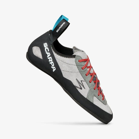 Side view of Scarpa's Helix women's climbing shoe in silver mid grey colour