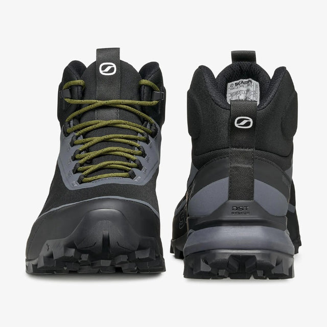 Lace and heel view of Scarpa Ribelle Cross 2 Mid GTX Men's in Black/Olive colour