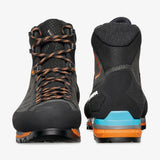 Heel and front lace view of Scarpa's Zodiac Tech GTX Men's boot in anthracite/tonic colour