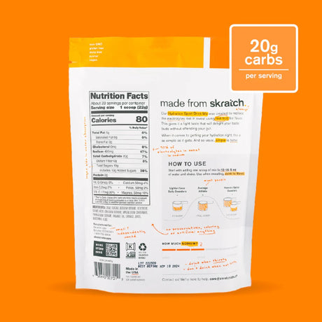 Back of skratch labs recovery sport drink mix 440g bag, orange flavour