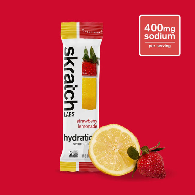 Single serving packet of strawberry lemonade skratch labs sport hydration drink mix
