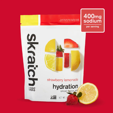 Front of skratch labs recovery sport drink mix 440g bag, strawberry lemonade flavour