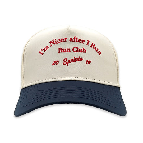 Front view of Sprints Structured VP Hat with "I'm nicer after I run" text
