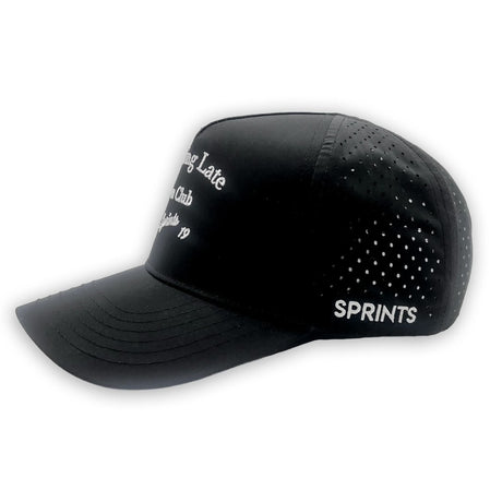 Side  view of Sprints Structured VP Hat with "Running Late" text