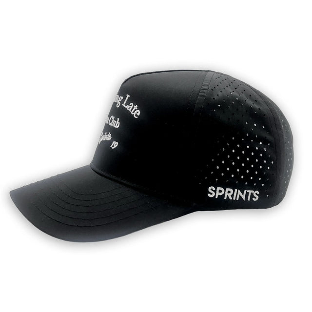 Side  view of Sprints Structured VP Hat with "Running Late" text