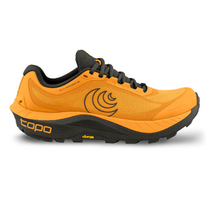 Side view of men's topo athletics mtn racer 3 trail running shoe in mango/espresso