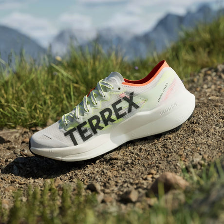 Adidas Terrex sneaker on a mountain trail with grass and mountains in the background