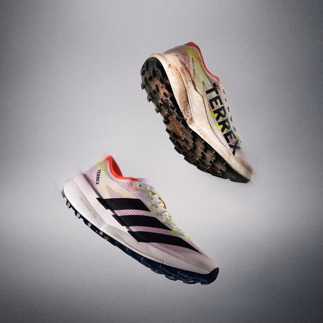 Pair of Adidas Terrex running shoes on a grey background