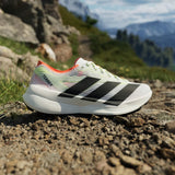 Adidas Terrex running shoe on a rocky trail with mountains in the background