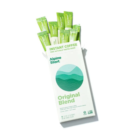 Box with 8 single-serve packages of Alpine Start Instant Coffee, original blend