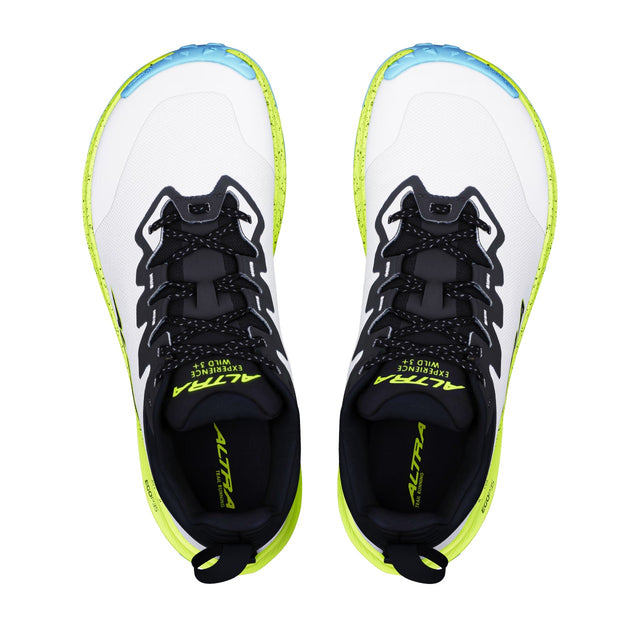 Top view of men's white/lime Altra Experience Wild 3+ trail running shoes