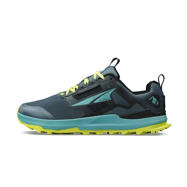 Side view of men's altra lone peak 8 running shoes in black/green