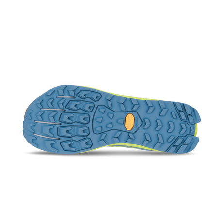 Sole of women's Altra Lone Peak 9+ trail shoe in blue/lime