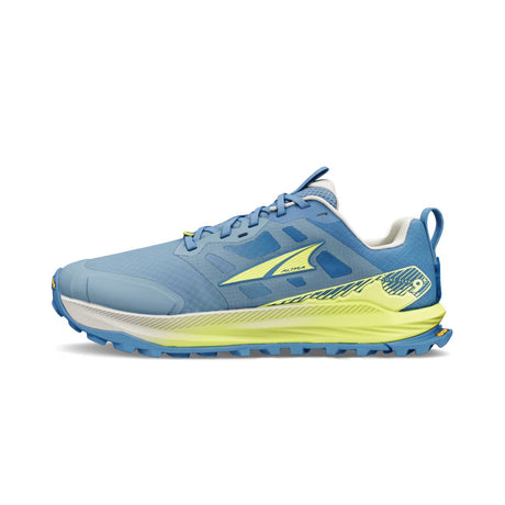 Side view of women's Altra Lone Peak 9+ trail shoe in blue/lime
