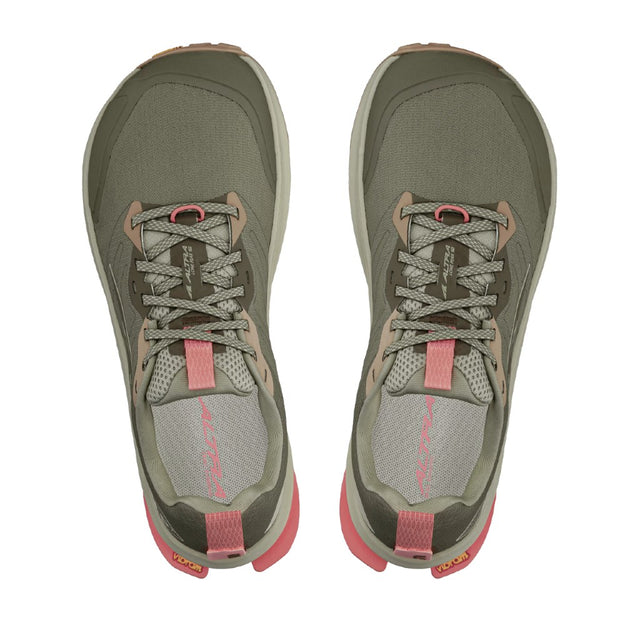 Top view of women's Altra Lone Peak 9+ trail shoes in dusty olive colour