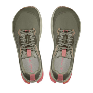 Top view of women's Altra Lone Peak 9+ trail shoes in dusty olive colour