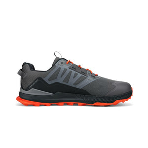 Inner side view of men's Altra Lone Peak All-Weather Low 2 shoe in gray/orange