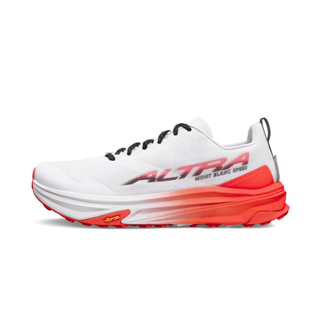 Side view of Altra Mont Blanc Speed trail running shoe in white/red