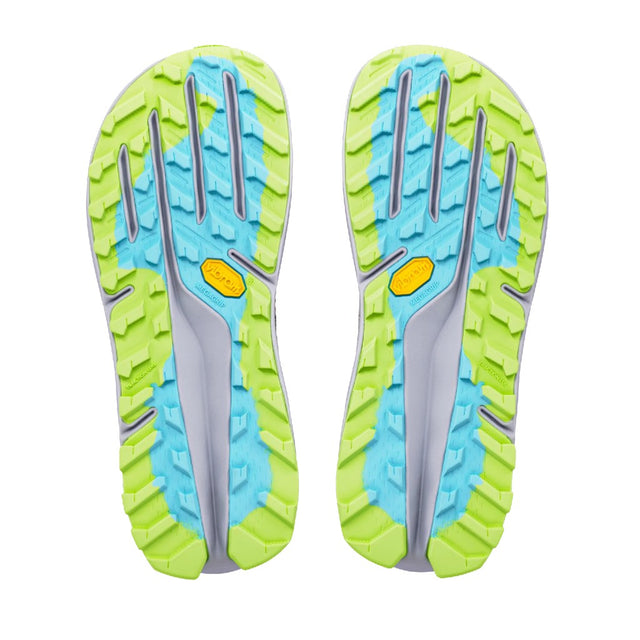 Sole view of women's grey/lime Altra Olympus 275 HiLo running shoes