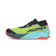 Side view of men's Altra Olympus 275 running shoe in black/green/coral/blue