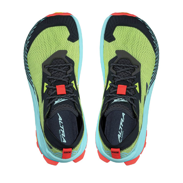 Top view of men's Altra Olympus 275 running shoes in black/green/coral/blue