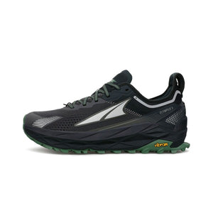 Side view of men's altra olympus 5 trail running shoe in black/grey