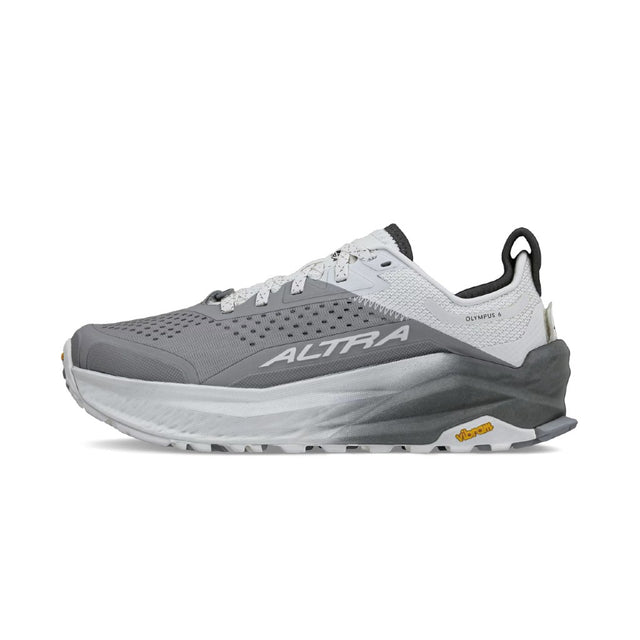 Side view of women's Altra Olympus 6 trail running shoe in gray