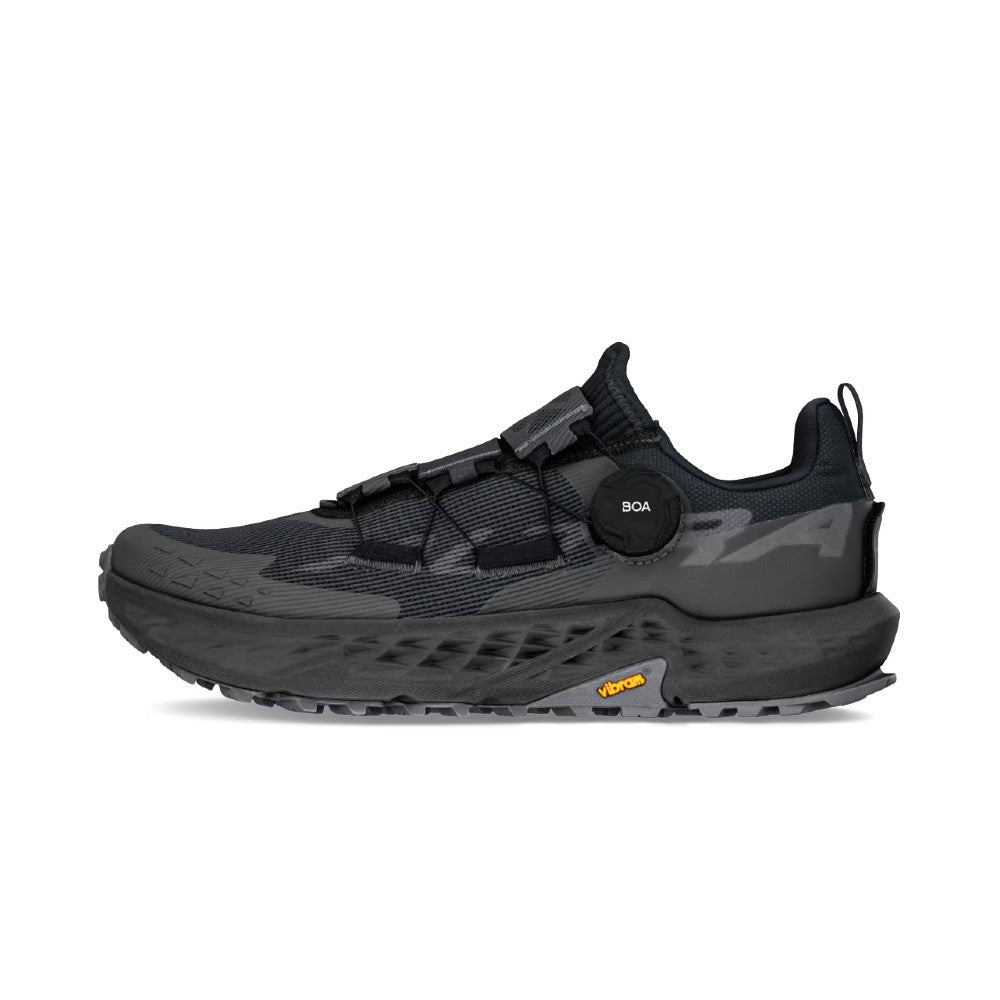 Side view of men's Altra Timp 5 BOA running shoe in black/black